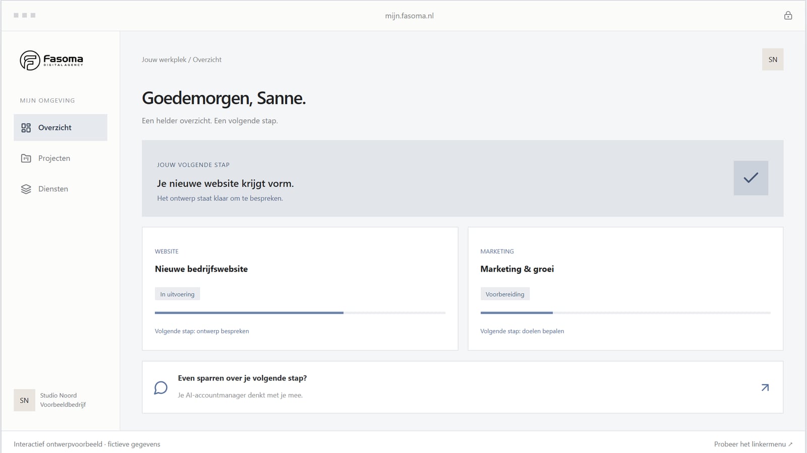Het klantdashboard van Mijn Fasoma met projecten en voortgang