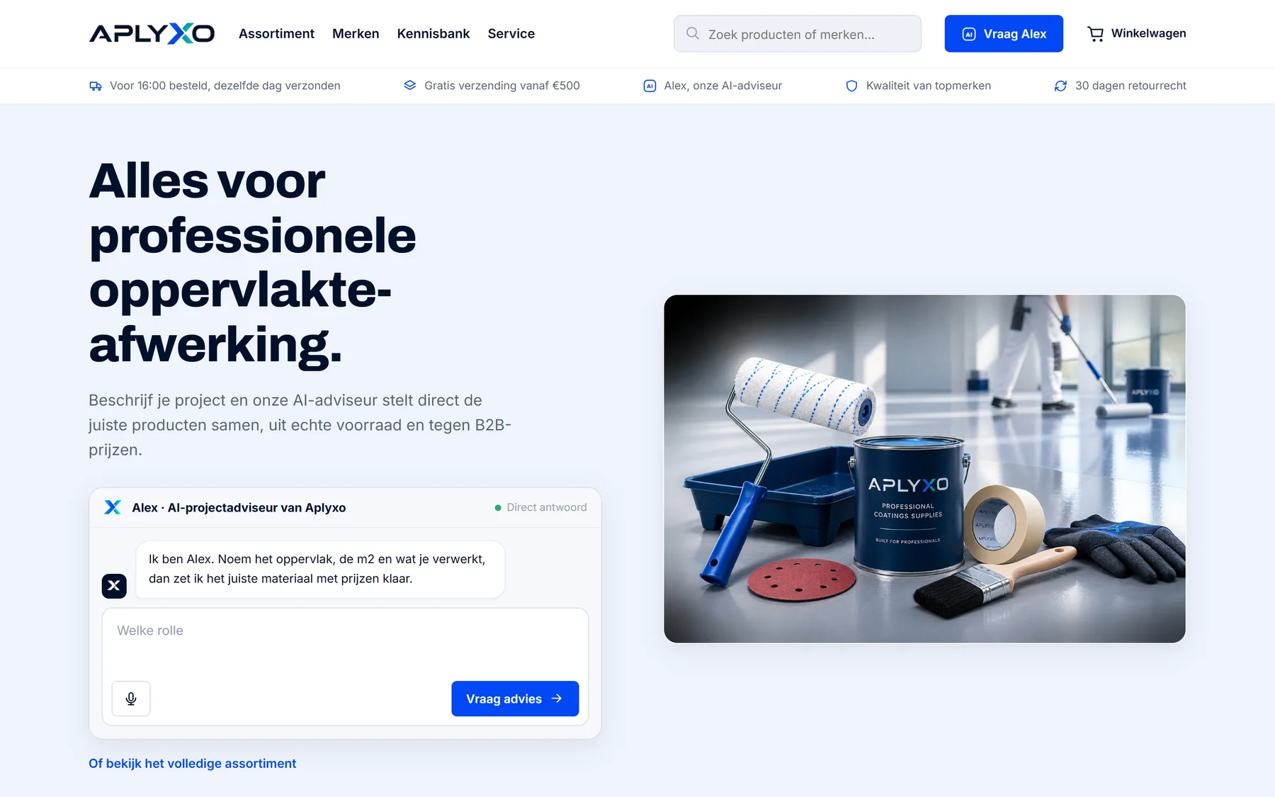 De homepagina van Aplyxo met de AI-projectadviseur Alex