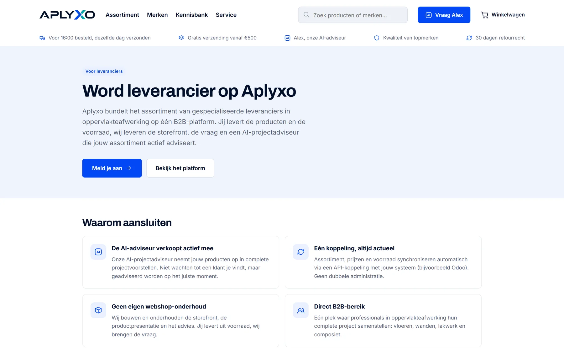 De aanmeldpagina voor leveranciers op Aplyxo