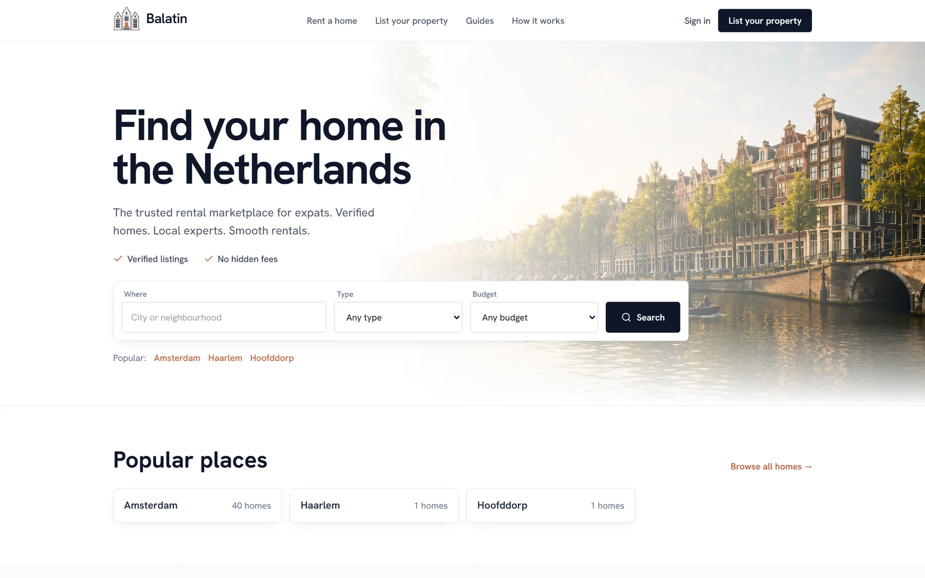 De homepagina van Balatin met het zoekveld voor huurwoningen