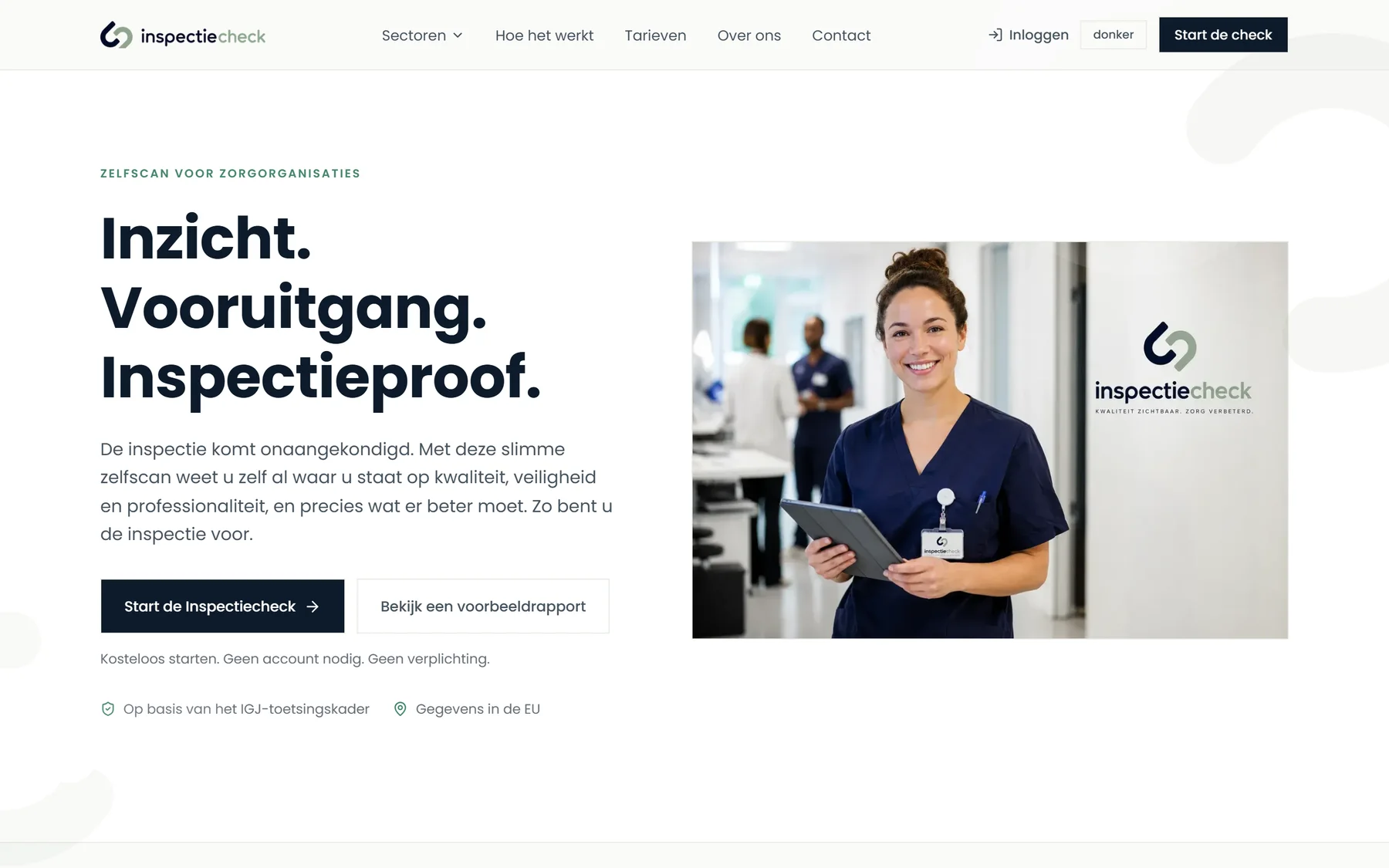 De homepagina van InspectieCheck met de zelfscan voor zorgorganisaties