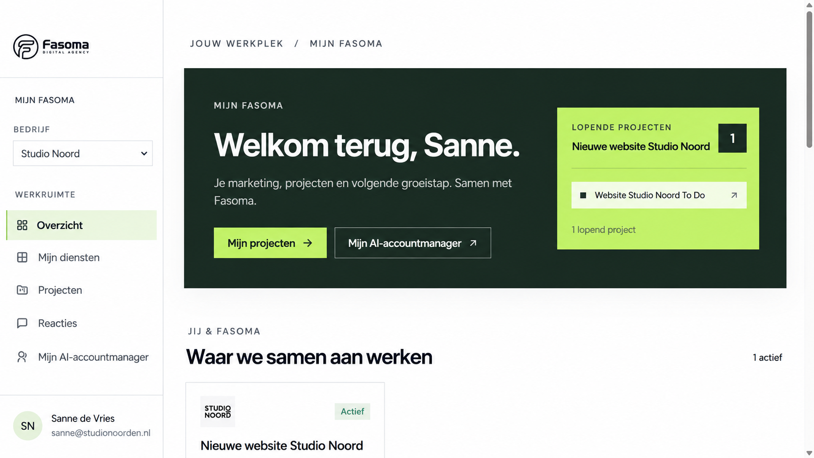 Mijn Fasoma dashboard met projecten, actieve diensten en de AI-accountmanager